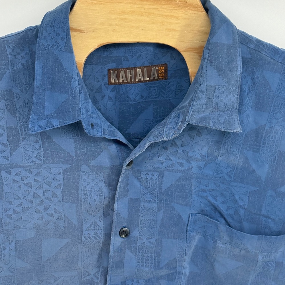 Kahala 1936 Mens 3XL Blue Geometric Tribal Jacquard Aloha Hawaiian Shirt Korea